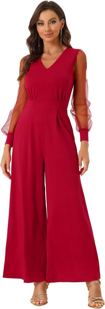 Allegra K Women's Elegant V Neck Mesh Long Sleeve Loose Wide Leg Romper Party Jumpsuits (Red, M)