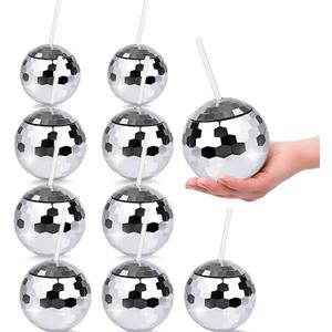 9 Pcs Disco Ball Cups with Lid and Straw Silver Spherical Cocktail Tumblers, Reusable Disco Glasses for Bar, Party, Tea, and Drink Supplies
