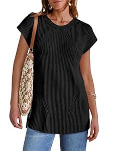 Imily Bela Womens Short Sleeve Sweater Casual Crew Neck Rribbed Knit Split Pullover Summer Tunic Tops Black
(X-Small, Black)