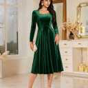 BeryLove Women Velvet Dress Cocktail Party Evening Dresses Long Sleeve Wedding Guest Formal Dresses (Green, L)