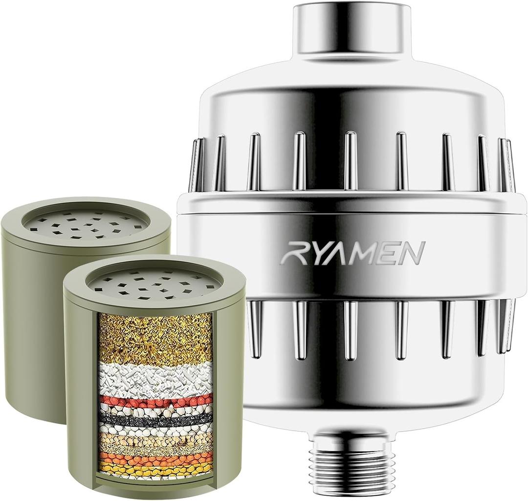 Ryamen Heavy Duty Shower Filter, Shower Water Filter, 99% REMOVAL Shower Head Filter for Hard Water, Heavy Metals, Chlorine (2 Cartridges, Silver)