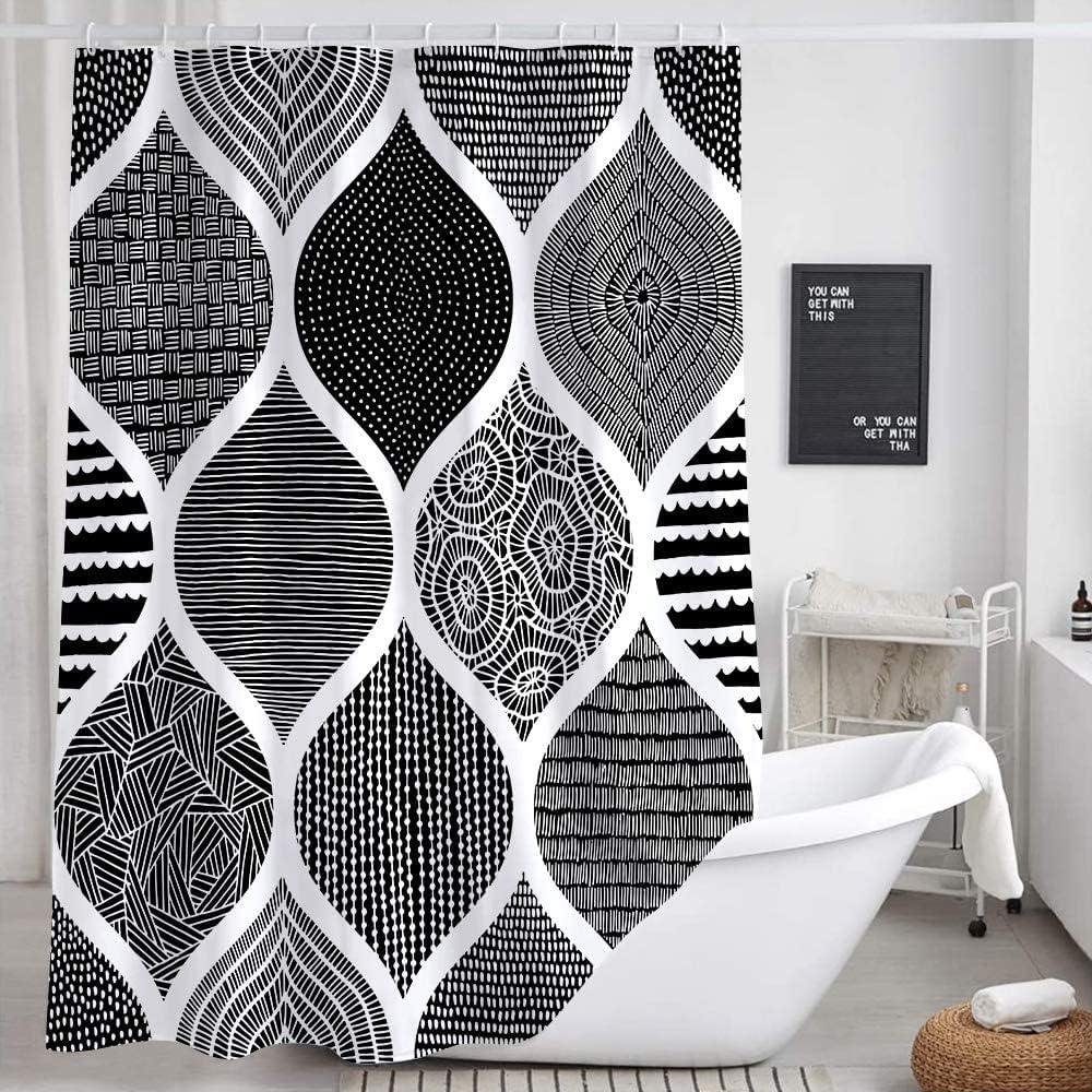 JAWO Black and White Shower Curtain for Bathroom, Bohemian Chic Geometric Pattern Modern Paisley Fabric Shower Curtains Set, Abstract Bohemia Restroom Decor Accessories with Hooks 72X72Inches
