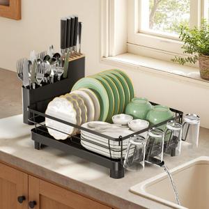 Runnatal Dish Drying Rack, Stainless Steel Dish Rack with Drainboard for Kitchen Counter and Sink, Large Capacity Dish Drainer, Detachable 2-in-1 Utensil Holder, Cup Holder, Black