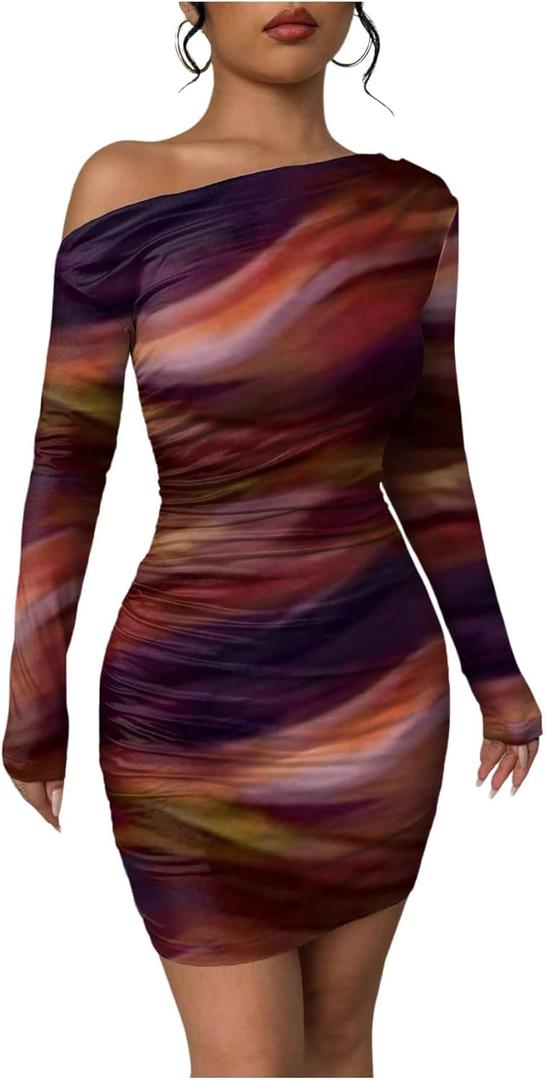 Women's Sexy Off The Shoulder Bodycon Mini Dress Tie Dye Long Sleeve Ruched Asymmetrical Club Dresses