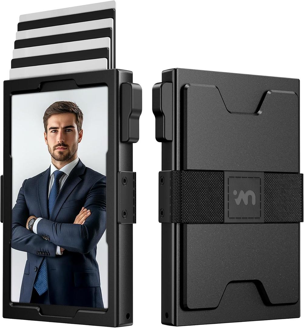 Slim Card Holder Wallet for Men, RFID Blocking Minimalist Wallet with ID Window, Metal Pop Up Wallet with Cash Band (Black)