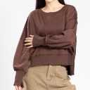 Womens Crewneck Sweatshirts Cropped Long Sleeve Tops Oversize Loose Fit Tee Side Slit Pullover Tshirt (Brown, S)