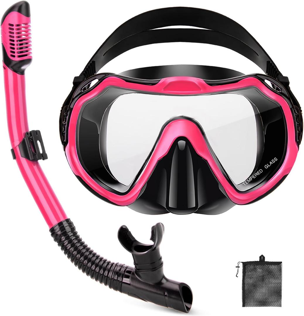 Snorkeling Gear for Adults, Adult Snorkel Set with Panoramic Anti-Leak and Anti-Fog Tempered Glass Snorkel Mask, Dry Top Snorkel, Snorkle Mask Set Adult with Mesh Bag Ear Plug for Snorkeling, Pink