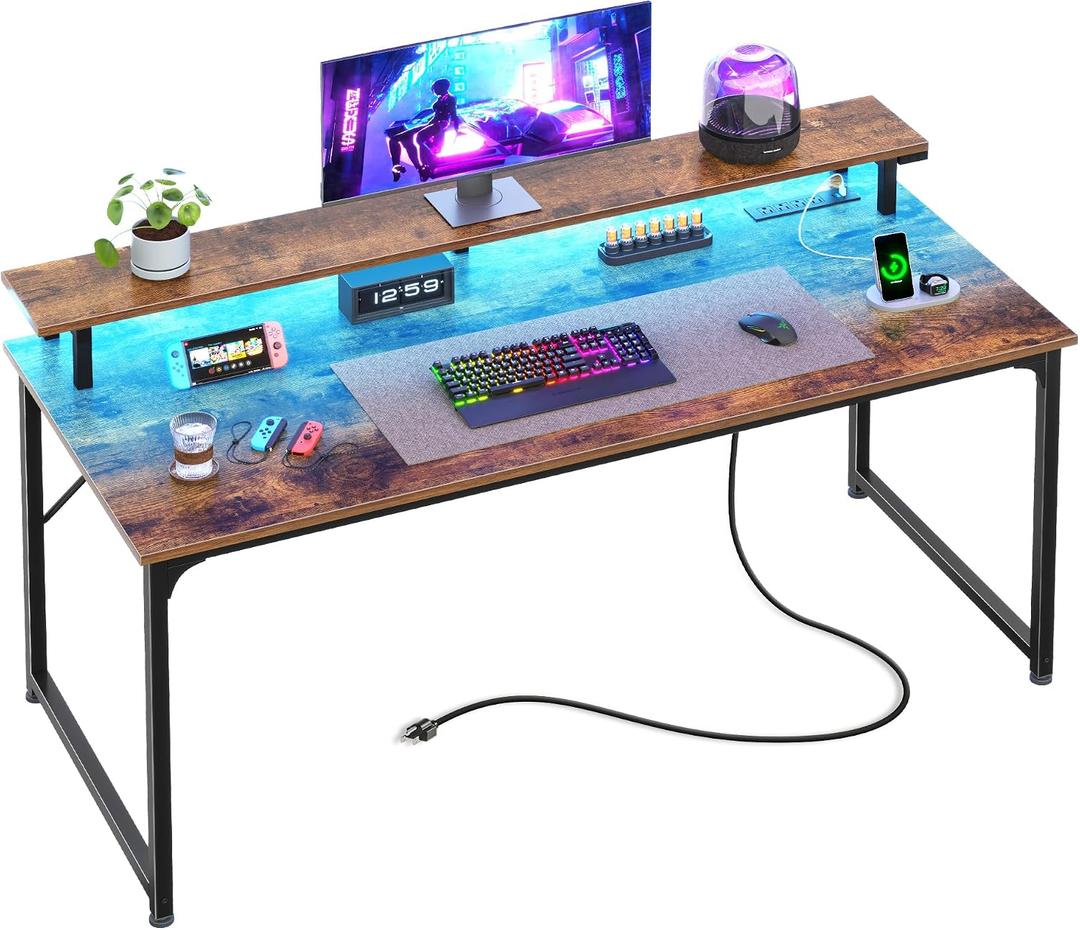 PRAISUN 48 inch Gaming Desk, LED & Outlets, Monitor Stand, Rustic Brown