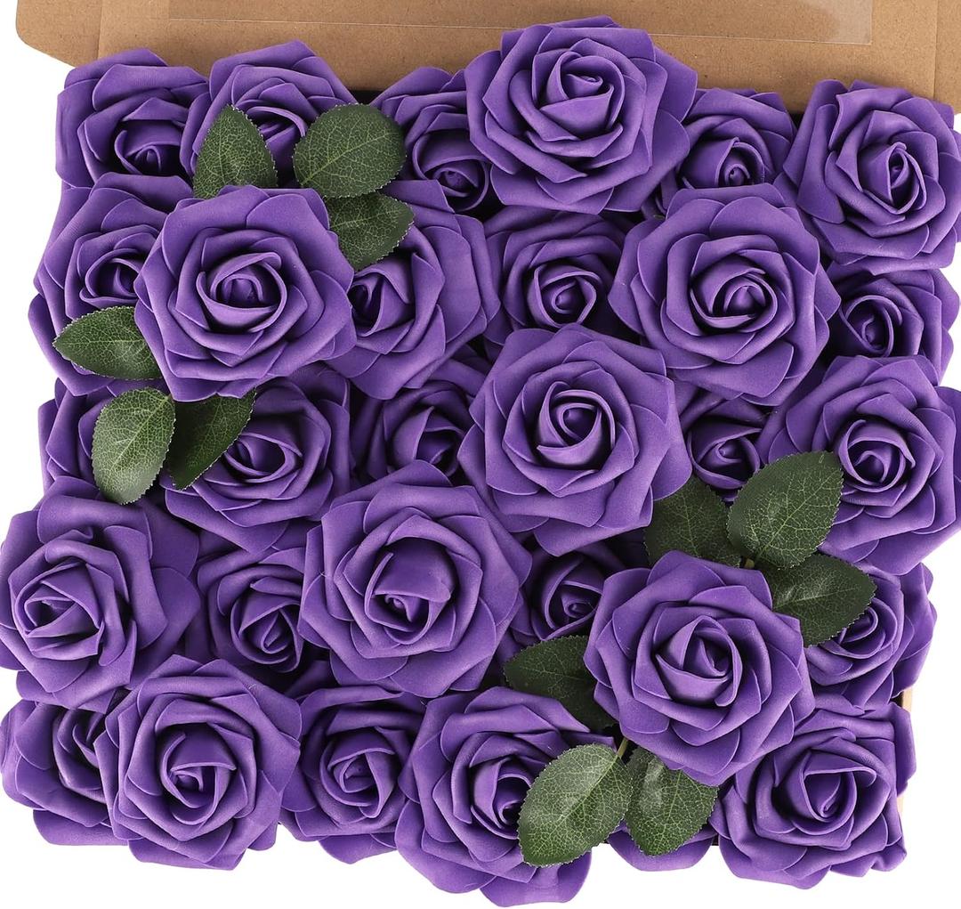 MACTING Purple Artificial Flowers 30PCS Fake Roses with Stem Real Touch Soft Foam Roses for Mothers Day DIY Wedding Bouquet Table Centerpieces Party Bridal Shower Home Summer Decorations