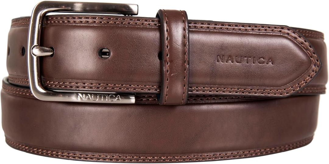 Nautica Men's Dress Leather Belt for Suits and Pants | Classic | Business | Fashion | Adjustable | Metal Buckle (42", Logo Inlay Double Stitch - Brown)