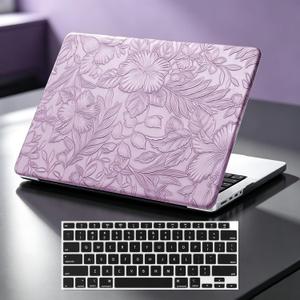 Floral Logo Cutout Case for MacBook Neo 13 inch 2026 A3404 A18 Pro Chip | Elegant Textured Mac Neo Case Retro PU Leather Hard Shell Case for MacBook Neo 2026 Case & Keyboard Cover, Lilac