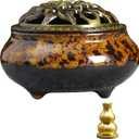 Ceramic Incense Burner with Lid, Bowl Burner Cone Incense Burner, Ceramic Censer Suitable for Incense/Cone/Coil/Sticks, There are 30 Incense Cones+ Metal Incense Holder+Fireproof Cotton Inside. (Honey Gold)