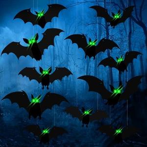 DIYASY 15 Pcs Haning Bats Halloween Decorations Outside, Large Plastic 3D Bat Decor Glow in Dark Eyes Bats Outdoor Indoor Decals Black Decorative Bat Cutouts for Tree Porch Yard Lawn Wall Home