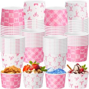 Newtay Pink Bow Snack Cups 9oz Coquette Bowknot Ice Cream Bowls Disposable Dessert Food Treat Paper Bowls for Mothers Day Baby Shower Birthday Bachelorette Wedding Bridal Party Supplies(48 Pcs)