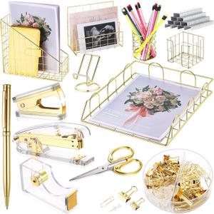 Yaomiao 13 Pcs Desk Accessories Set Kit Organizer Office Supplies Teacher Women School Gift Acrylic Stapler Staple Remover Tape Holder Pen Cup Magazine File Letter Clip Phone Holder Scissor(Gold)