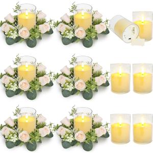 12 PCS Candle Rings with LED Flameless Candles, 3 Inch Artificial Rose Wreaths Eucalyptus Leaves for Table Centerpieces Home Wedding Party Decor, Champagne, 6 Sets