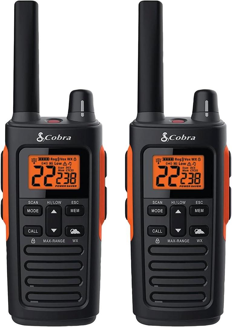 Cobra RX380 Walkie Talkies (2-Pack) – Weather Resistant Two Way Radios Long Range, 40 Pre-Programmed Channels, Weather Alerts, LED Flashlight, Long-Life NiMH Batteries (Black)