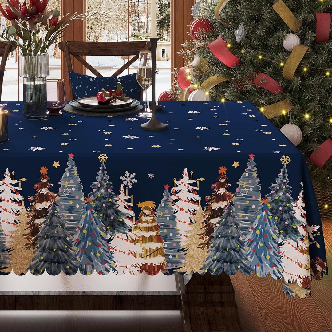 Christmas Tablecloth 60x60 Inch Rectangular, Christmas Trees Winter Snowman Washable Table Cover for Party Picnic Dinner Decor,Blue