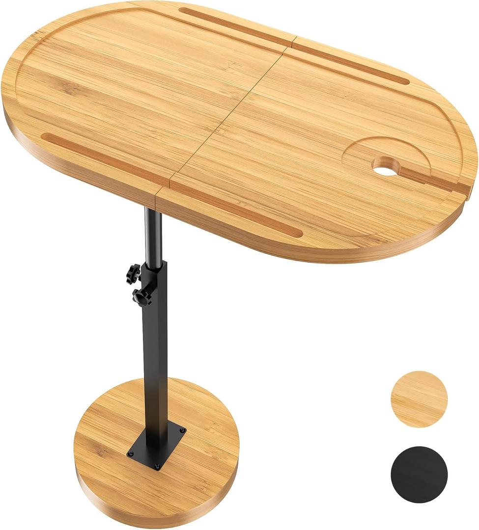 NiHome Bamboo Large Swivel TV Tray Table with Thickened Stable Non-Tipping Base, Adjustable Height Couch Table Tray, End Table, Bathtub Side Tray Table 360 Rotating for Hot Tub Bedside Sofa Balcony