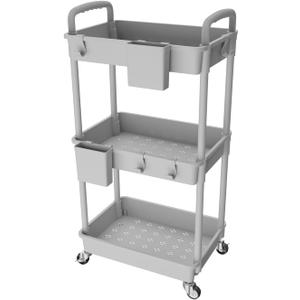 3 Tier Rolling Utility Cart with Handle,REBECAT Utility Cart Made of Multifunctional Storage Organizer Tool for Kitchen,Bathroom,Living Room,Office(Gray)