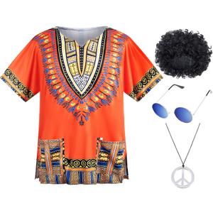 4 PCS Hippie Costume for Mens 60s 70s T-Shirt Afro Wig Accessories Set for Party Cosplay (3X-Large, Orange)