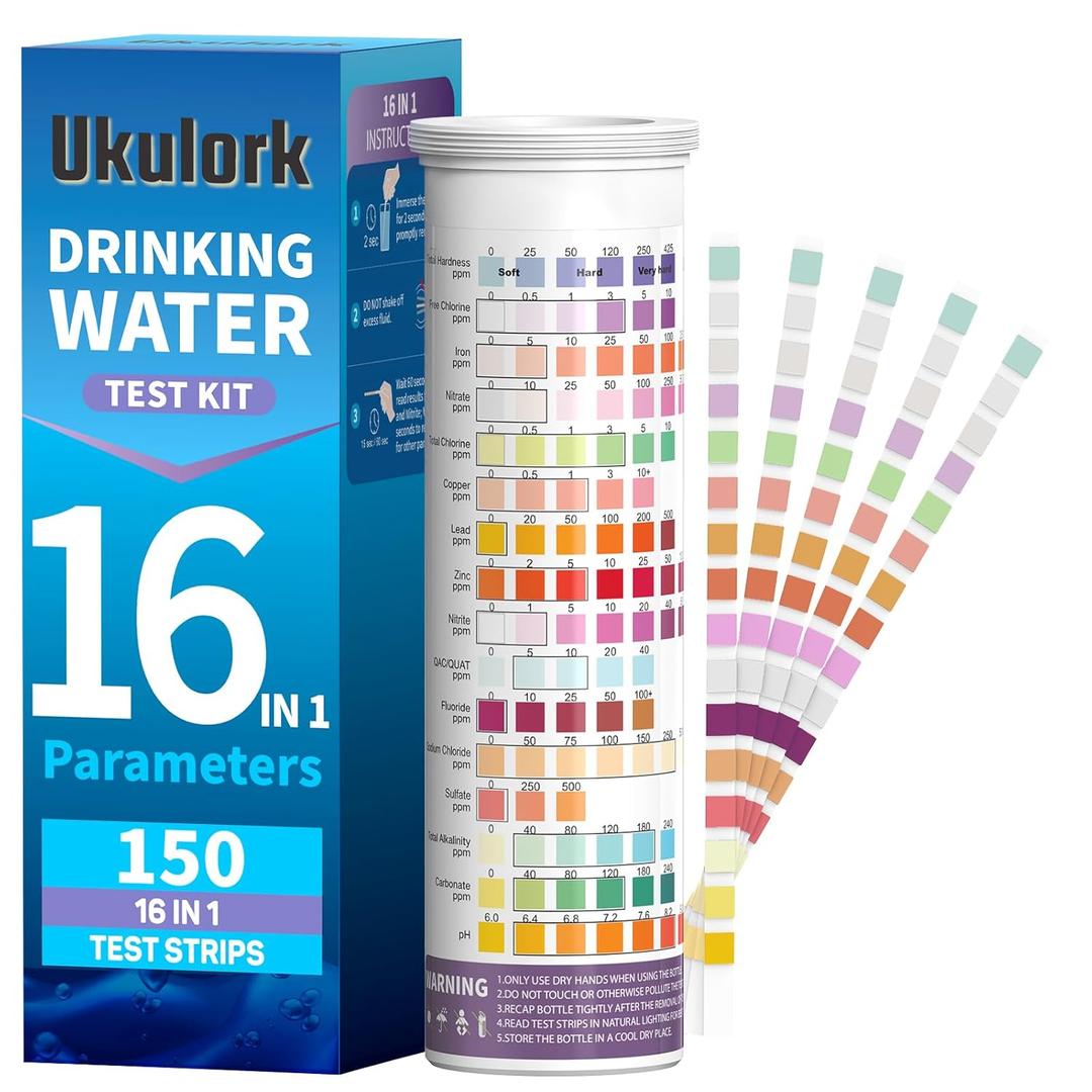 16 in 1 Home Water Testing Kits for Drinking Water -150 Strips Testing for pH, Lead, Hardness, Chlorine, Iron, Copper, etc
