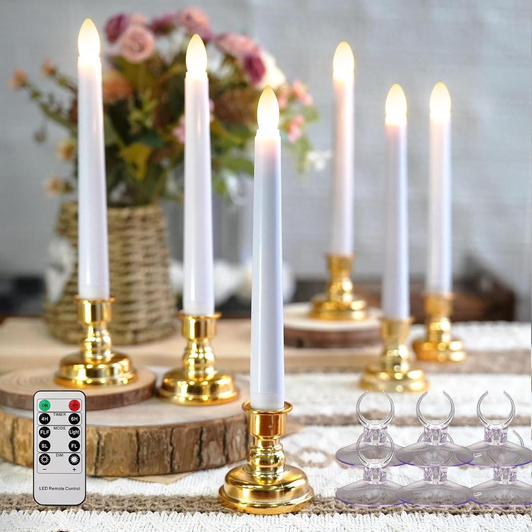 6PCS Christmas Window Candles with Timer, Led Flickering Flameless Candles with Remote, Battery Operated Taper Candles Provide Realistic Warm Lights for Home Party Holiday