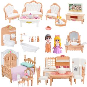 Princess Dollhouse Furniture Set, 48 Piece Luxury Miniature Accessories Collection with Living Room, Bathroom, BedroomKitchen, TV Entertainment Set (Beige)