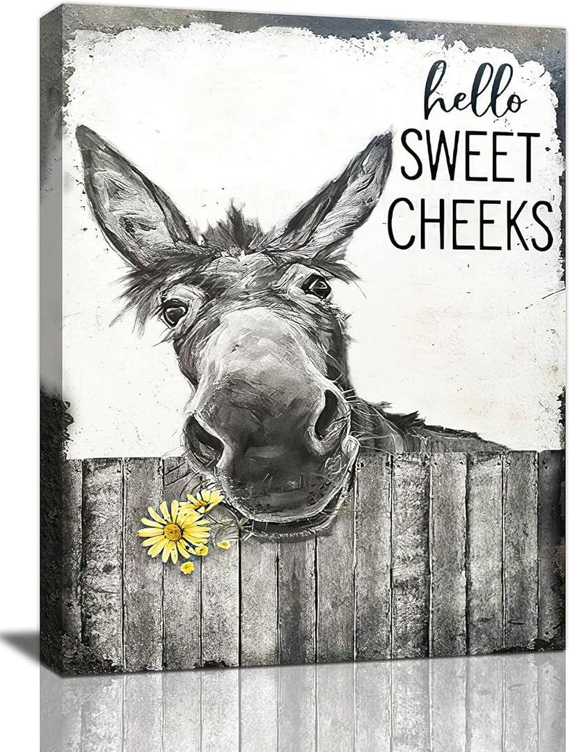 Tijuboni Donkey Bathroom Decor Wall Art, Funny Bathroom Pictures and Signs, Donkey Canvas Print Poster, Farmhouse Animal Painting Framed Artwork for Toilet Bedroom 16"x24"