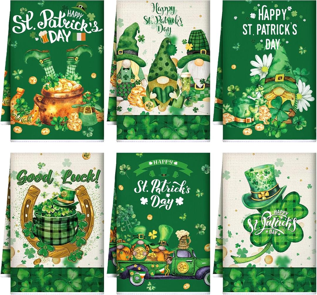 Honoson 6 Pcs St Patrick's Day Kitchen Towels St. Patrick's Day Dish Towels Shamrocks Gnomes Plaid Absorbent Bathroom Set Tea Cloth for Kitchen Home 16 x 24 Inches(Multicolor,Classic Style)