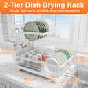 Dish Drying Rack - Auto Draining Dish Rack for Kitchen Counter, Large Capacity Dish Drainers Organizer with Drainboard, 2-Tier Drying Rack with Utensil Holder White