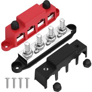 Joinfworld 400A Bus Bar 12V Power Distribution Block with 4 x 3/8" Studs 12 Volt Marine Copper Battery Busbar Terminal Block for Car, Boat, Automotive, RV, Solar Wiring - Negative&Positive