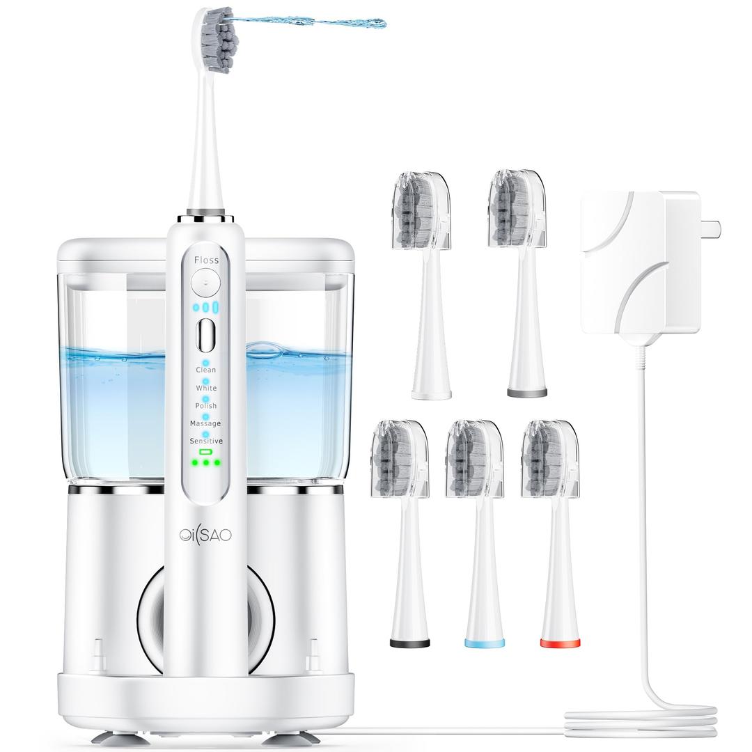 Electric Toothbrush with Water Flosser Combo in One, Professional Flossing Toothbrush for Teeth Cleaning and Flossing, Plaque Removal, Rechargeable,5 Brush Modes & 3 Flossing Speeds,500ML,White