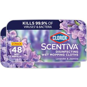 Clorox Scentiva Disinfecting Wet Mop Pad, Disposable Mop Heads, Multi-Surface Floor Wipes, Lavender and Jasmine, 2 Packs, 24 Wet Refills Per Pack 