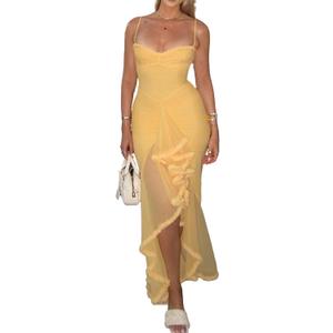 NRTHYE Women Elegant Irregular Ruffles Hem Maxi Dress Mesh Ruched Sleeveless Backless Pleated Long Party Club Dresses (Medium, 00yellow)