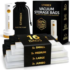 Vacuum Storage Bags with Electric Pump for Clothing & Travel (16 Pack)