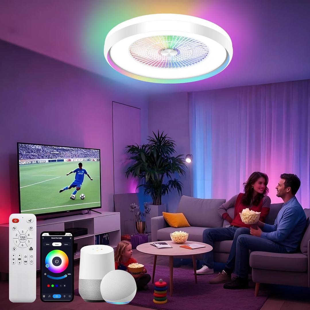24" Low Profile Ceiling Fan with RGB Lights, Bladeless Ceiling Fan with Remote/APP/Voice Control, 6 Speeds Flush Mount Smart for Bedroom (White RGB Backlight)