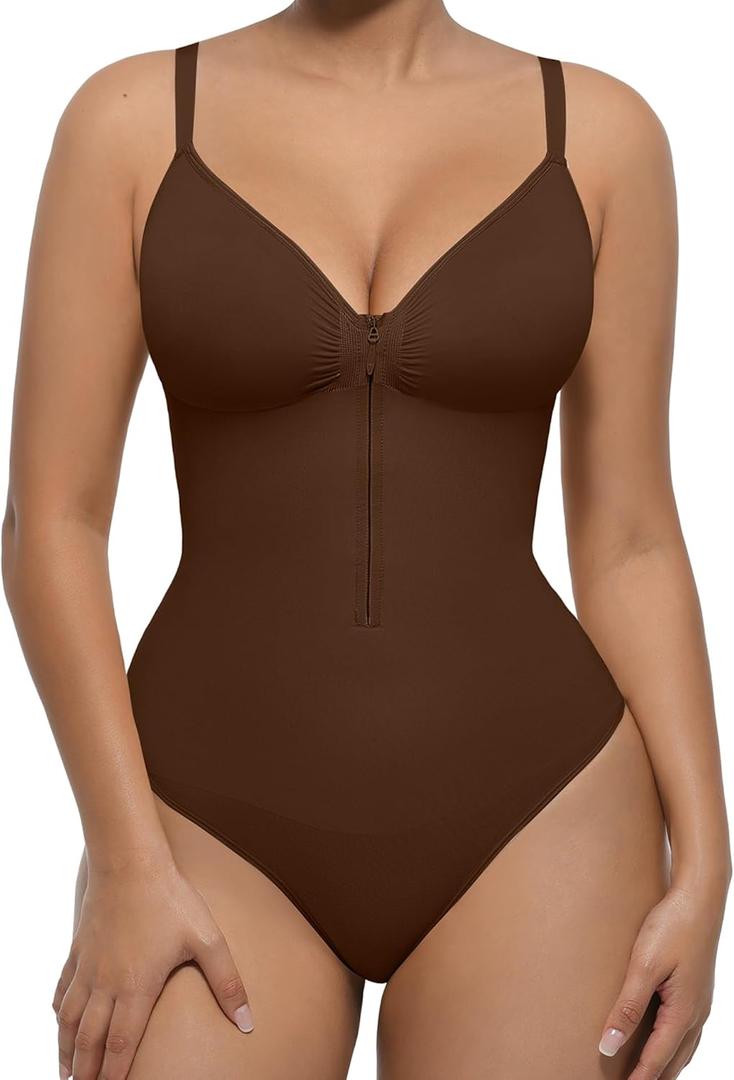 FeelinGirl Shapewear Bodysuit Tummy Control for Women Zip-Up Shapewear Thong Waist V Neck Body Shaper Going Out (Large, Dark Brown)
