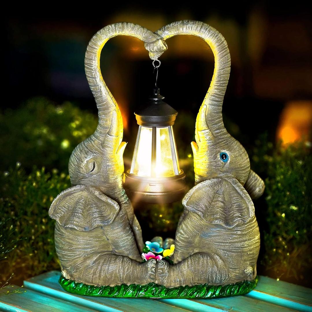 Elephant Statue Garden Decor with LED Solar Lights-Set of 2 Good Luck Elephant Outdoor Statue Elephant Gifts for Women Garden Statues for Yard Patio, Porch, Home for Women