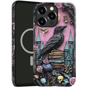 TnXee Case Compatible with iPhone 16 Pro Max, Compatible with MagSafe, Glossy Fall Prevention Hybrid 2-Layer Hard Shell Cases for Girls Boys, Skull Bookshelf Floral Butterfly