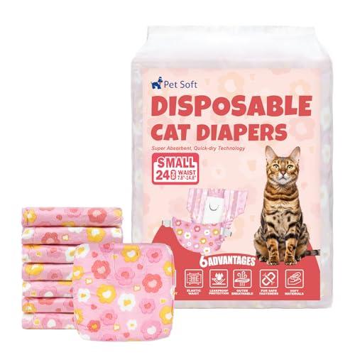 Pet Soft Disposable Cat Diapers - Diaper for Female & Male Cats, Puppy Diapers Super Absorbent, Fit for Dogs in Heat Period or Urine Incontinence, 24pcs (S, Pink)