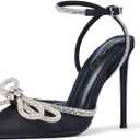 Elisabet Tang Women's High Heel Pumps,Satin Rhinestone Bowknot Lace Up Sandals Pointed Toe Ankle Buckle Straps Pump Stiletto Sandals (7, Black)