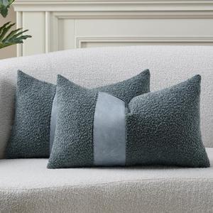 Pack of 2 Faux Leather Boucle Throw Pillow Covers 20"x12" Blue Chic Accents Textured Rectangular Lumbar Decorative Pillow Cases for Living Room Couch Bed Farmhouse Boho Home Decor