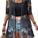 Verdusa Women's Plus Size Sheer Mesh Lightweight Kimono Short Sleeve Beach Swimwear Cover Up (XX-Large, Black)
