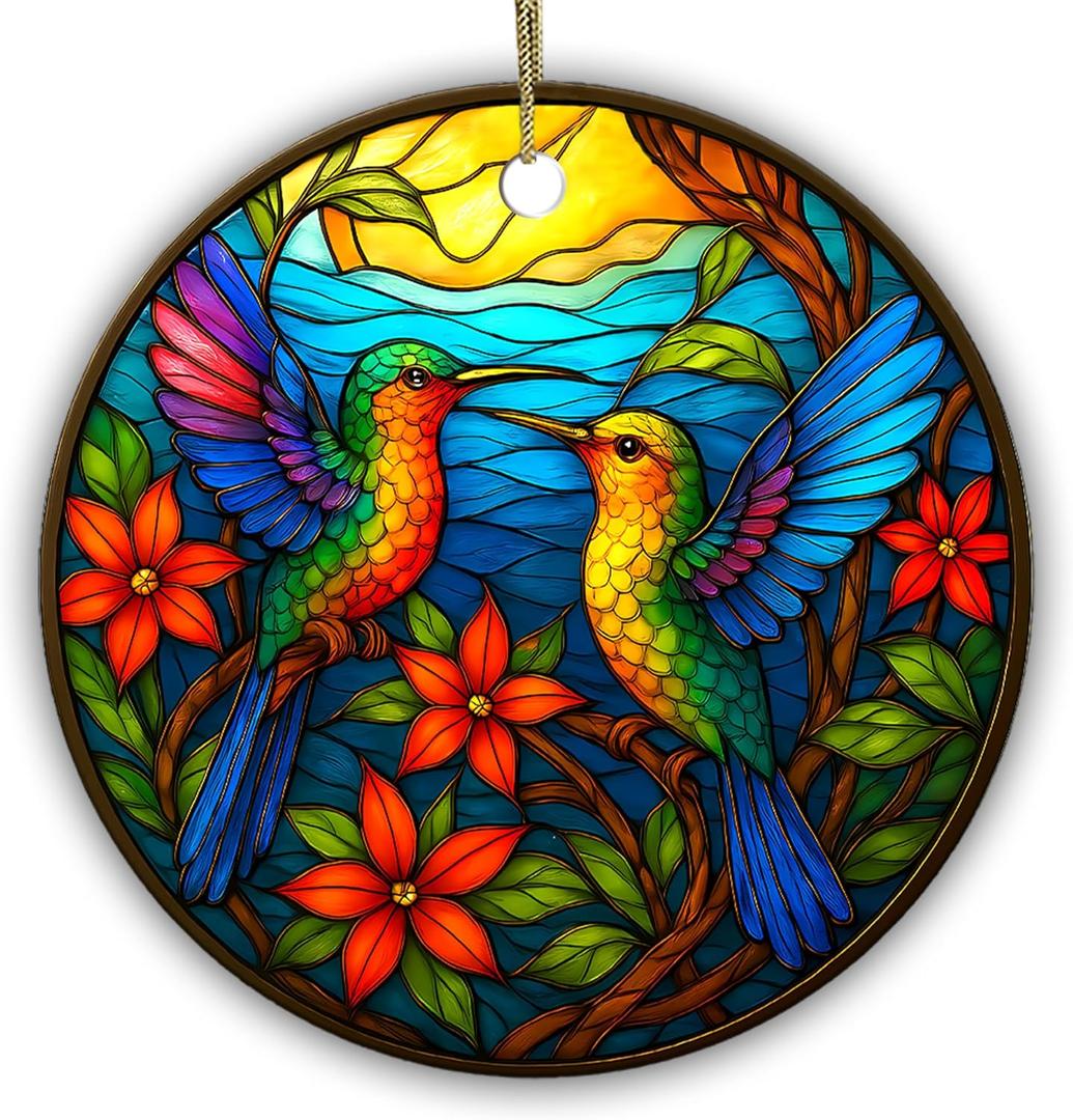 Two Hummingbird Ornament – Colorful Ceramic Round Christmas Tree Decoration for Bird Lovers, Nature-Inspired Home Décor, Unique Gift for Women, Mom, Grandma