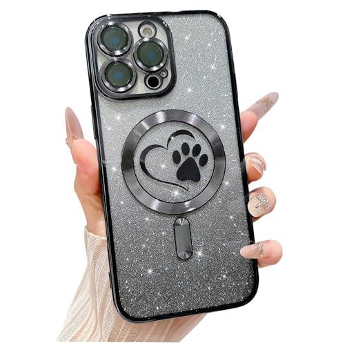 Weonmov for iPhone 16 Pro Case, Glitter Clear Cute Paw Love Heart, Compatible with MagSafe, Strong Magnetic Full Camera Lens Protection Cover, Soft Slim Bling Phone Case 6.3" - Black