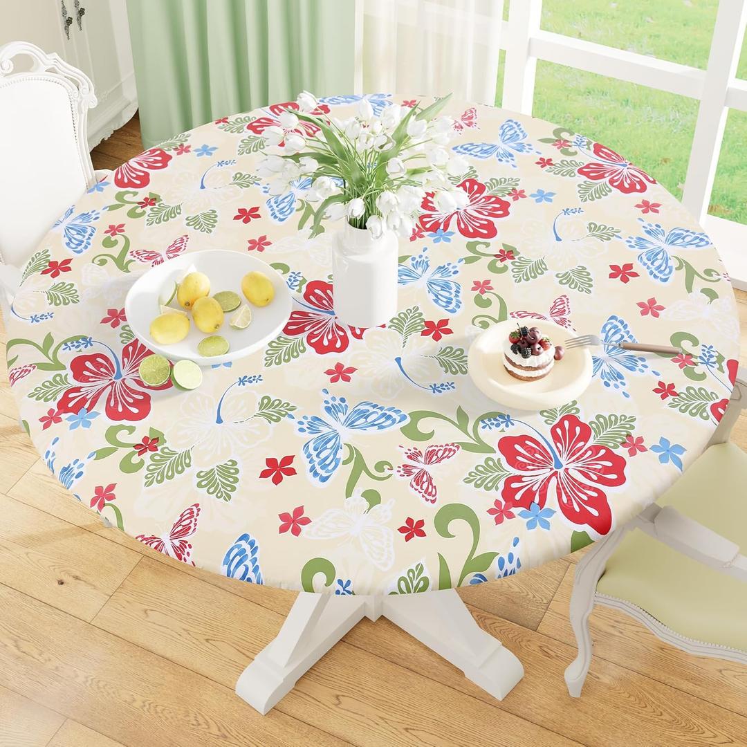 misaya Round Fitted Tablecloth with Elastic Edge, 100% Waterproof Oil Proof Plastic Table Cover, Vinyl Flannel Backed Tablecloth Fits 36"-44" Round Tables for Dinner, Outdoor, Picnic, Butterfly (Light Yellow)