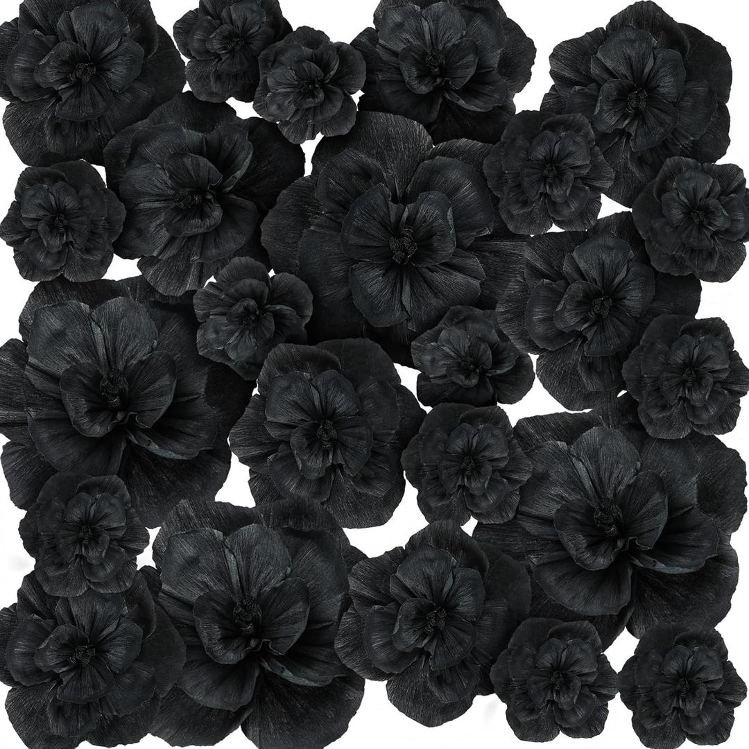 Giant Paper Flowers Artificial Large Paper Flower Decoration for Handcrafted Wall Backdrop Christmas Mexican Wedding Graduation Bridal Shower Birthday Party Supplies(Black,24 Pcs)