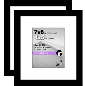 Americanflat 7x8 Picture Frame with Polished Plexiglass - Set of 2 - Use as 4x5 Frame with Mat or Display 7x8 Photo Without Mat - Galleria Collection - Picture Frames for Tabletop and Wall - Black