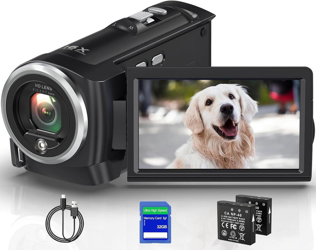 2.7K Video Camera Camcorder QHD 56MP YouTube Vlogging Camera Webcam 16X Digital Zoom with 32G SD Card 270 Degree Rotation Screen Camcorders and 2 Batteries Recording While Charging